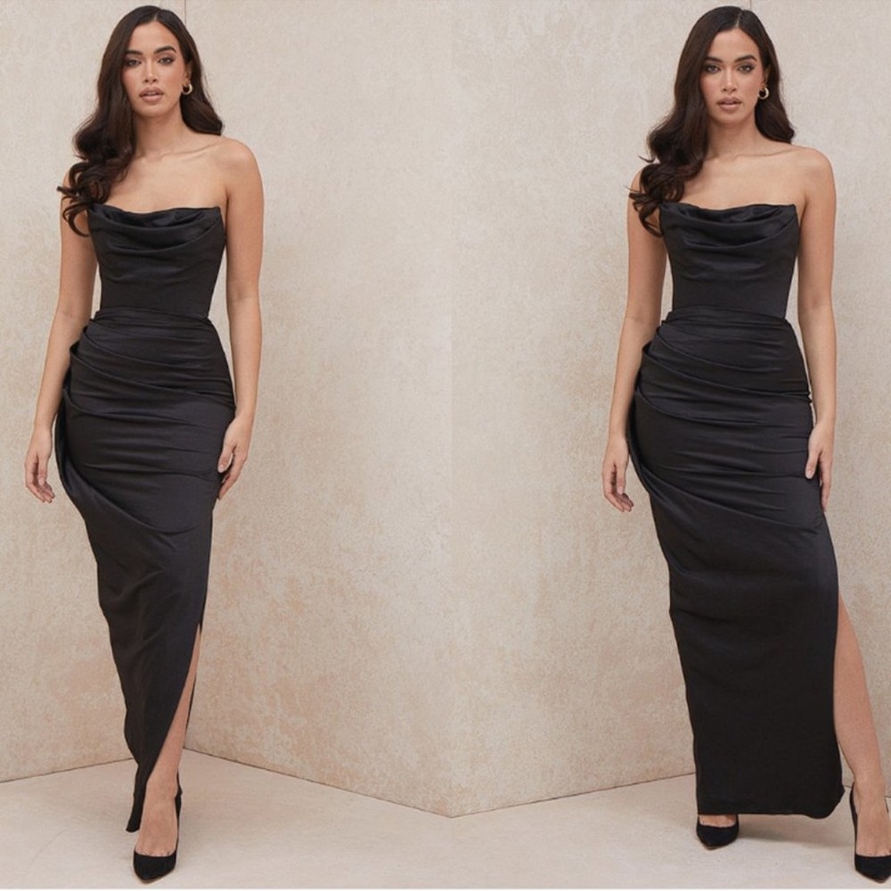 NWOT HOUSE OF CB  Adrienne Black Satin Strapless Corset Maxi Sz S plus cup